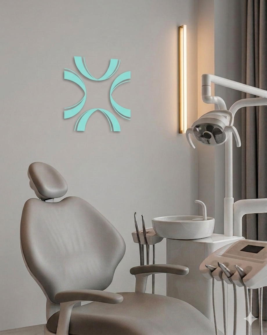 Sala odontológica moderna con el símbolo de Excellence in Dentistry en la pared.