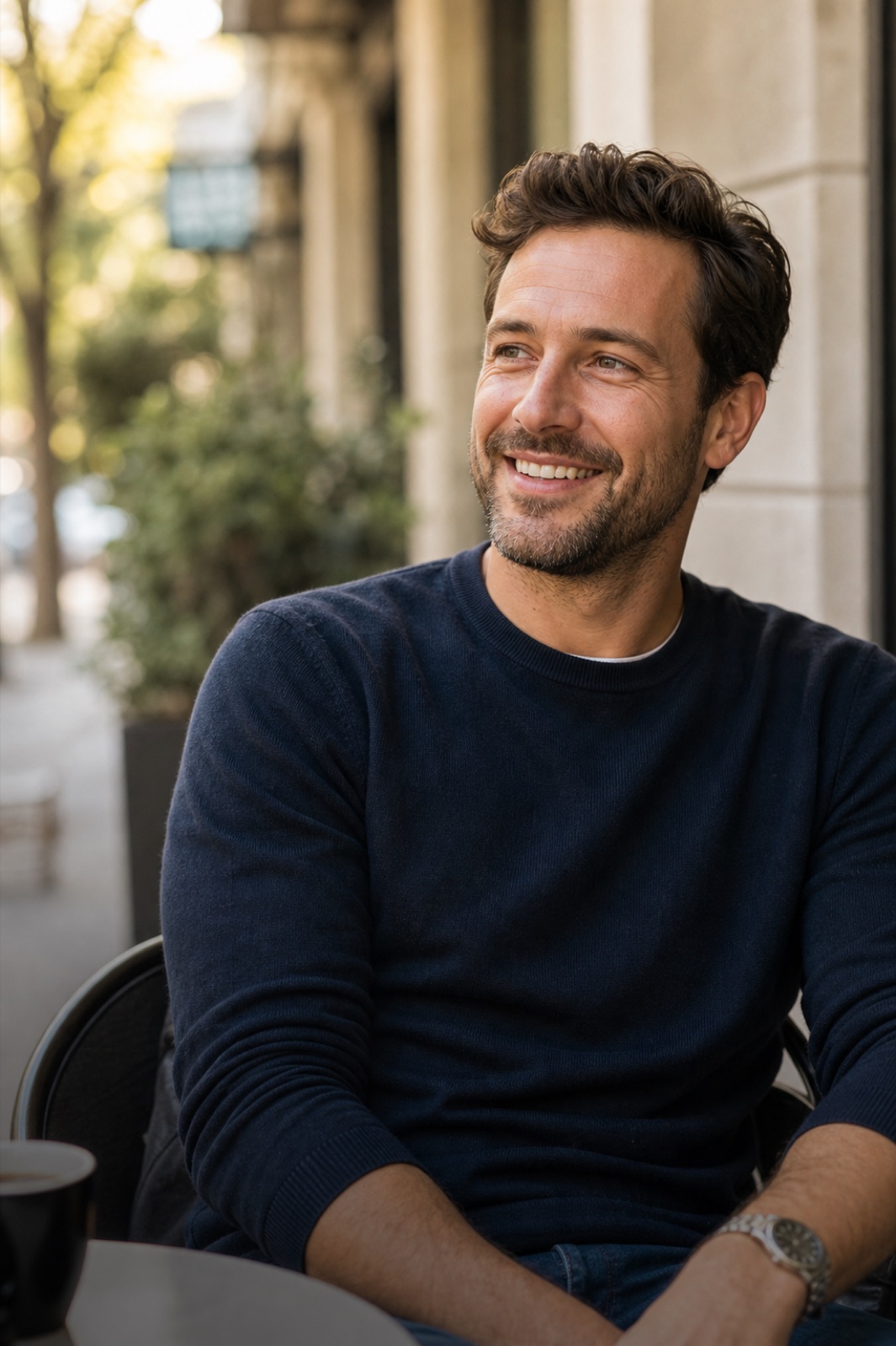 Lifestyle placeholder portrait of a man smiling outside a cafe.