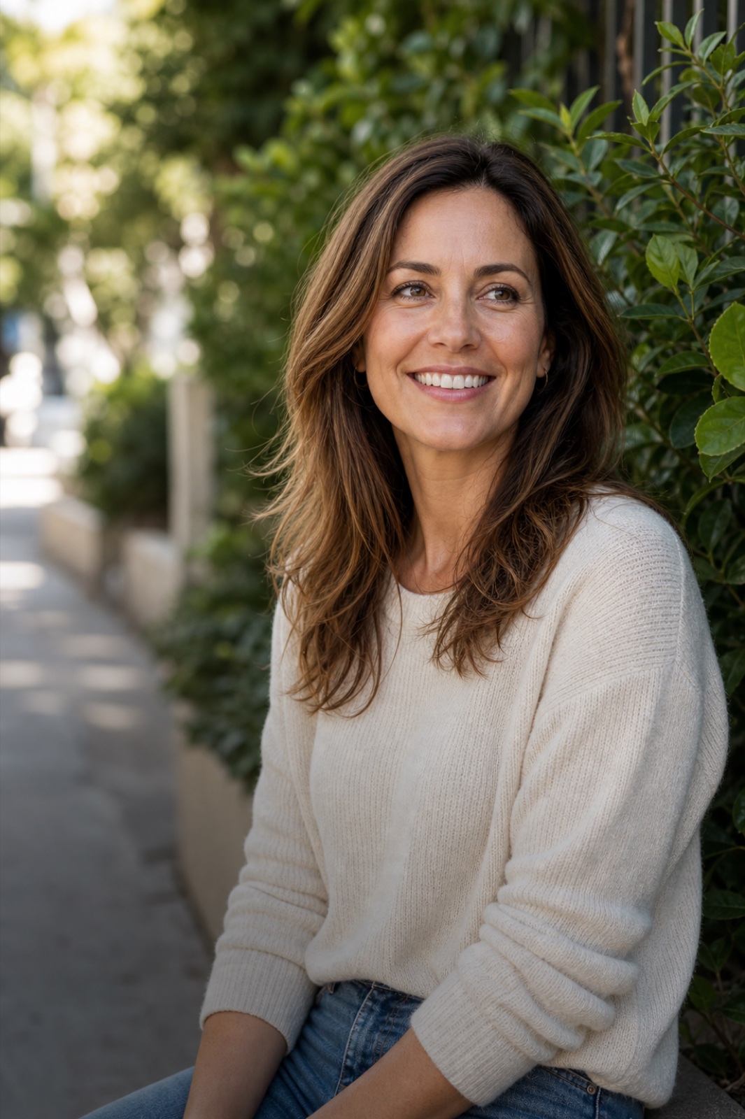 Lifestyle placeholder portrait of a woman smiling outdoors.