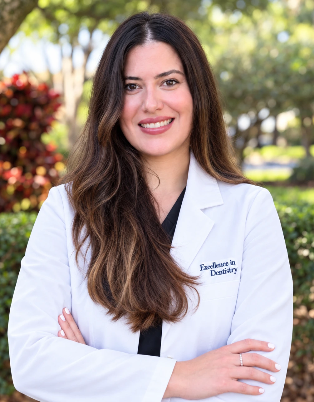 Dr. Kamila Rodriguez smiling with arms crossed in her white Excellence in Dentistry coat.